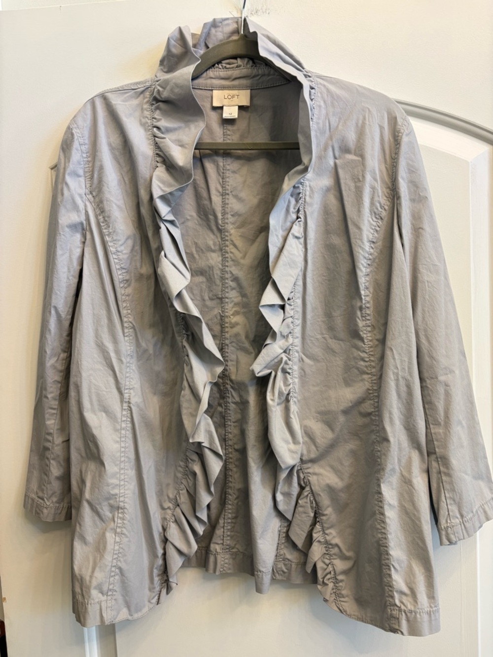 LOFT Light Gray Ruffle Open-Front Jacket (includes belt!)